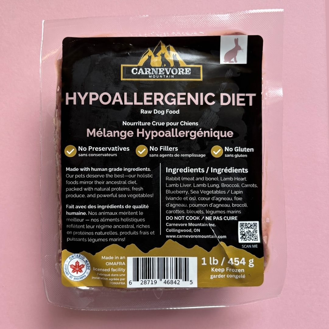 Hypoallergenic raw dog food by Carnevore Mountain in packaging with nutritional information.