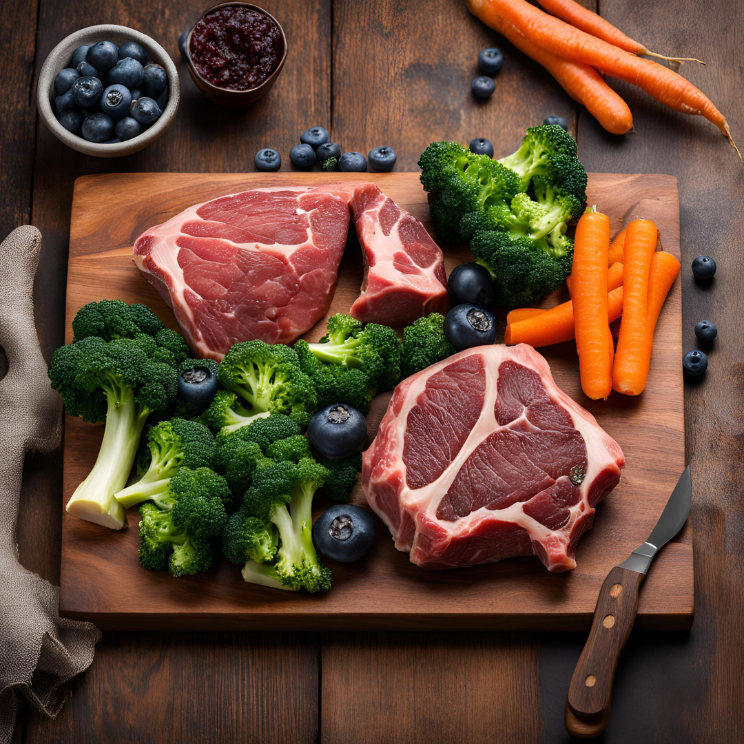 Beef chuck, beef offal, broccoli, carrot and blueberry on a wood cutting board.