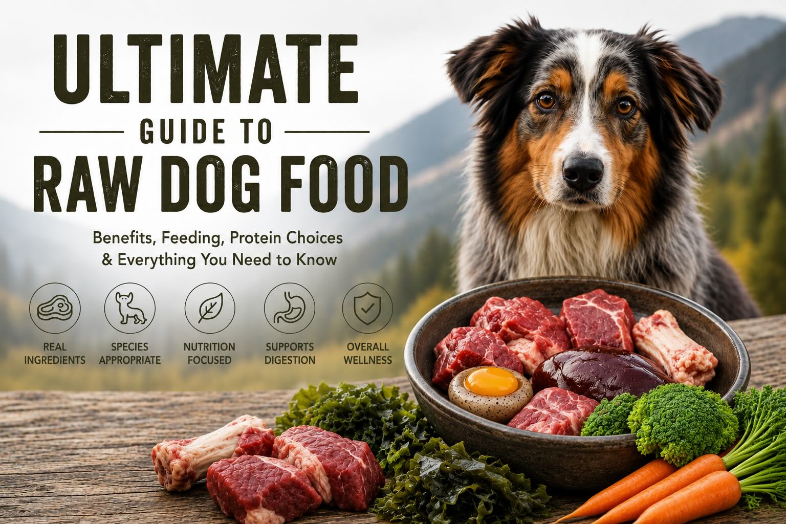 Ultimate Guide to Raw Dog Food infographic featuring a dog beside a bowl of raw meat, organs, sea vegetables, broccoli, and carrots, illustrating the benefits of species-appropriate raw feeding for dogs.