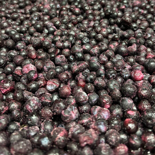 Freeze Dried Blueberry close-up, showcasing the natural texture and color of freeze-dried blueberries for pet treats.