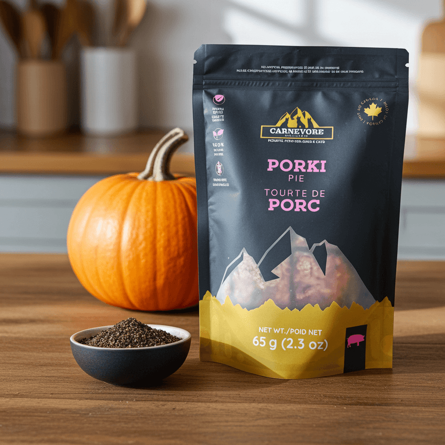 A stand-up pouch of Carnevore Porki Pie dog food stands on a wooden table, with a small bowl of kibble and a pumpkin in a softly blurred kitchen setting.
