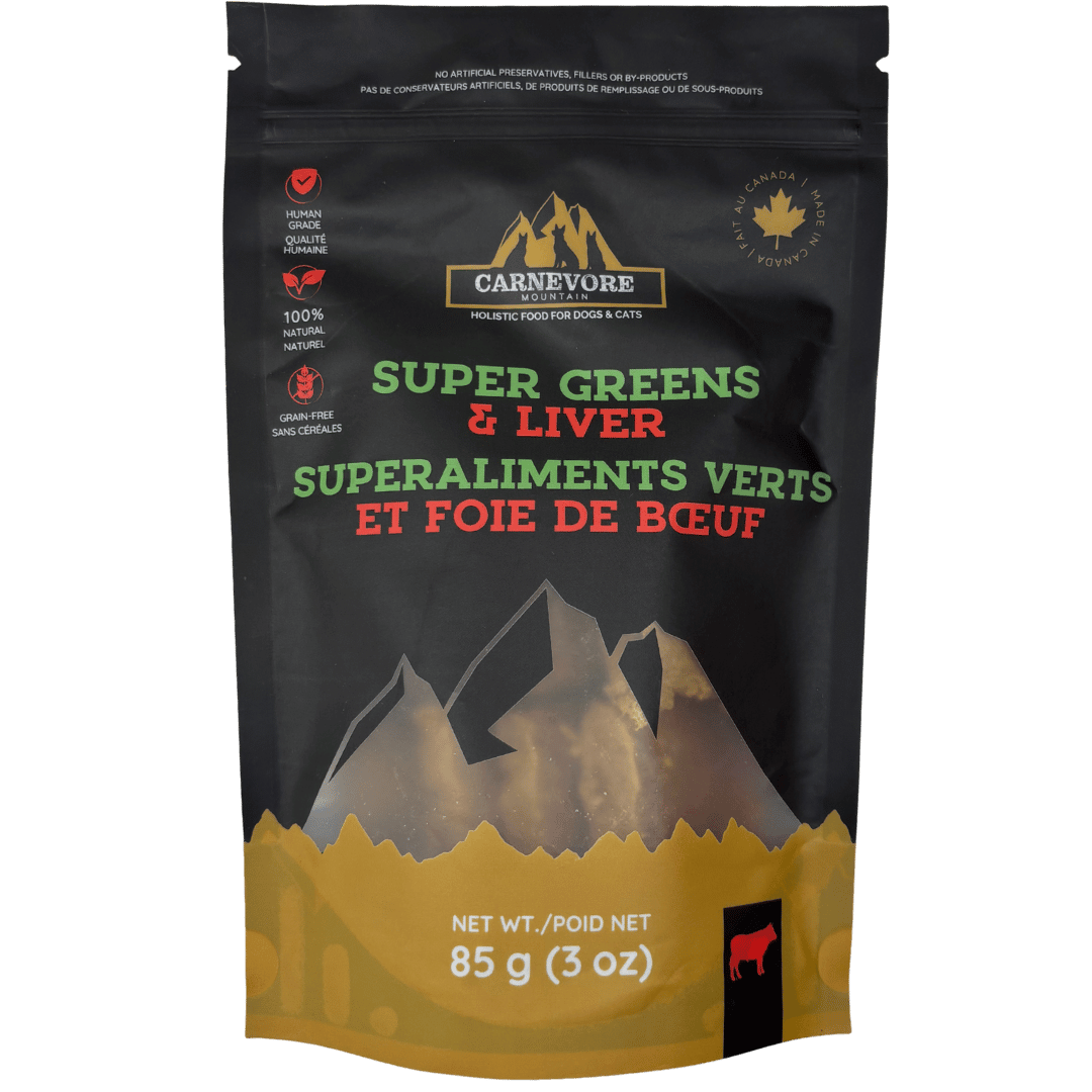 Beef liver and super greens dog treats in a 85g bag showcasing ingredients and nutritional benefits.