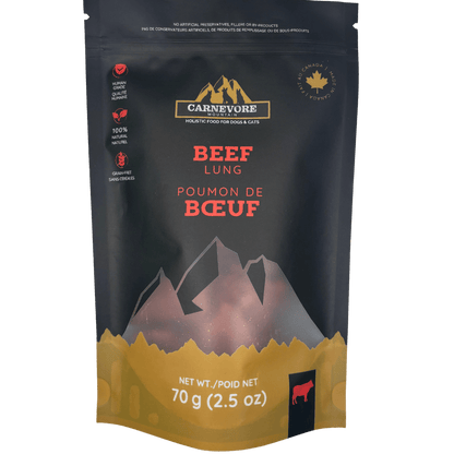 Carnevore Mountain beef lung pet treat package with mountain design on a black background