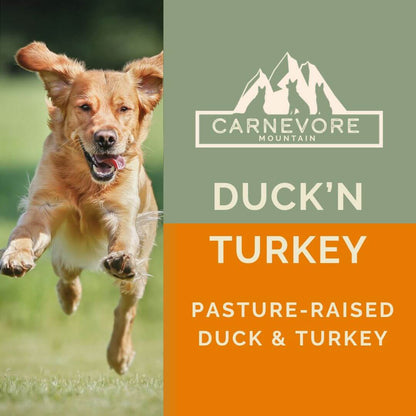Duck and Turkey Raw Dog Food – Poultry Blend with a happy dog jumping outdoors.
