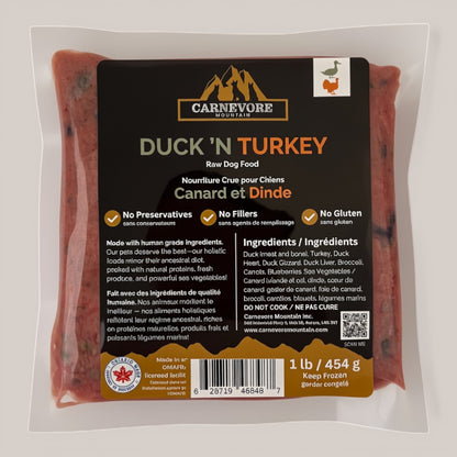 Package of Carnevore Mountain Duck 'N Turkey raw dog food with label details.