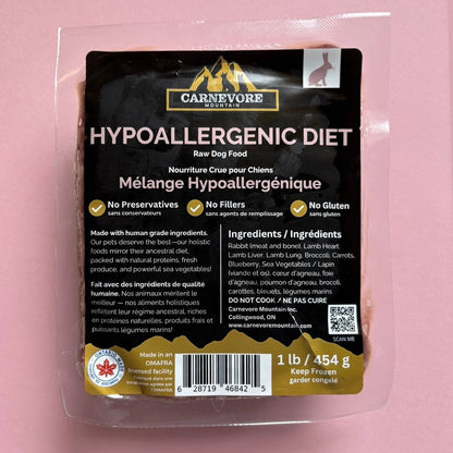 Hypoallergenic raw dog food by Carnevore Mountain in packaging with nutritional information.