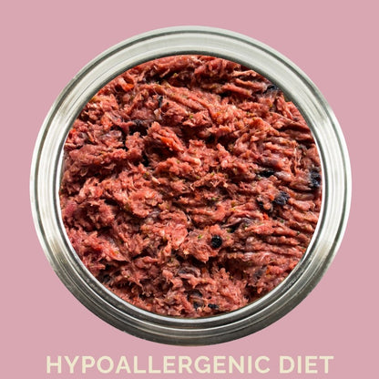 Dog food in a bowl of hypoallergenic raw dog food from Carnevore Mountain with a pink background.