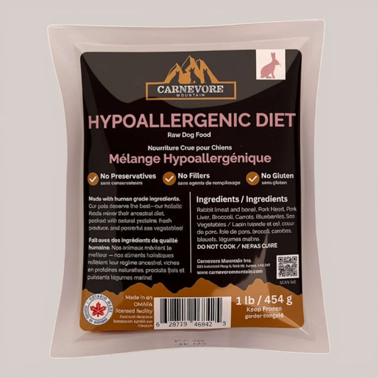 Carneveore Mountain hypoallergenic diet raw dog food package on a light gray background