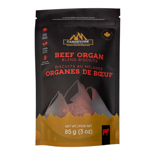 Freeze-dried beef organ biscuits package for dogs and cats, made with beef heart, liver, spleen, and lung.