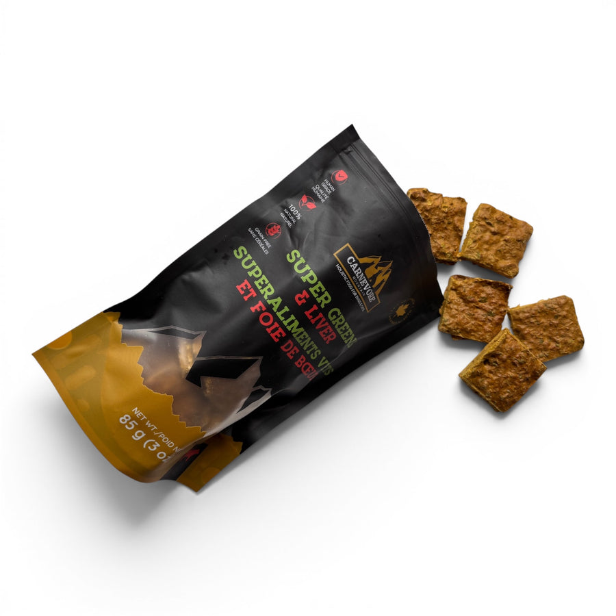 Beef liver and super greens dog treats out of a 85g bag showcasing ingredients and nutritional benefits.