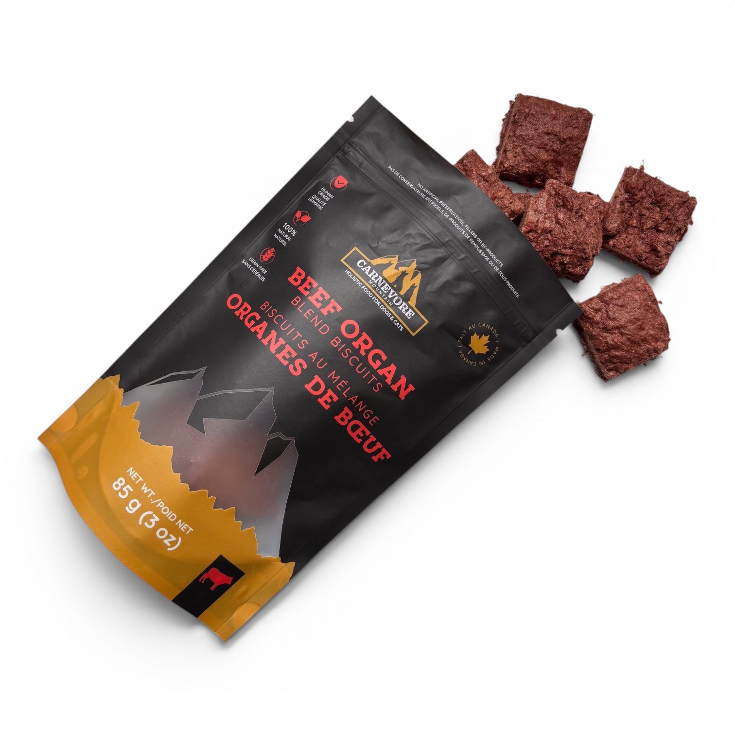 Freeze-dried beef organ biscuits package for dogs and cats, made with beef heart, liver, spleen, and lung.