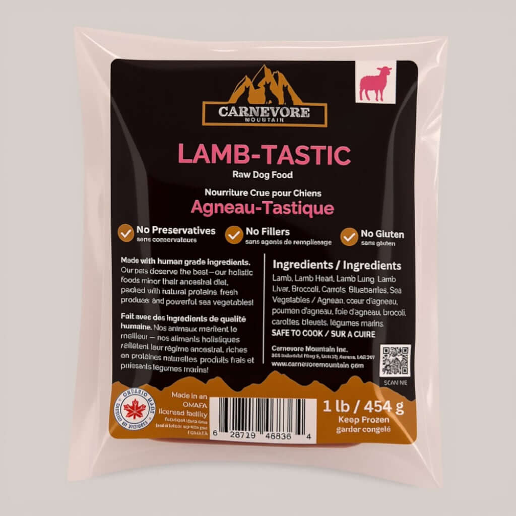 Lamb Raw Dog Food - Lamb-Tastic by Carnevore Mountain, 1 lb package with no preservatives or fillers.