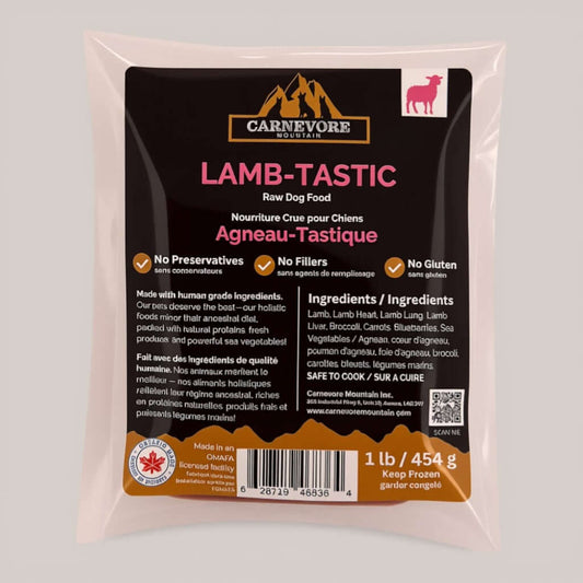 Carnevore Mountain Lamb-Tastic raw dog food package on a gray background