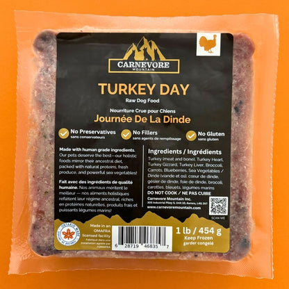 Raw turkey dog food from Carnevore Mountain, Turkey Day Recipe, 1 lb package.